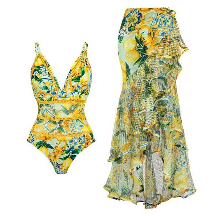 ALOHA GRACIA yellow V neck swimsuit one piece + cover up skirt outer woman premium / baju renang wan
