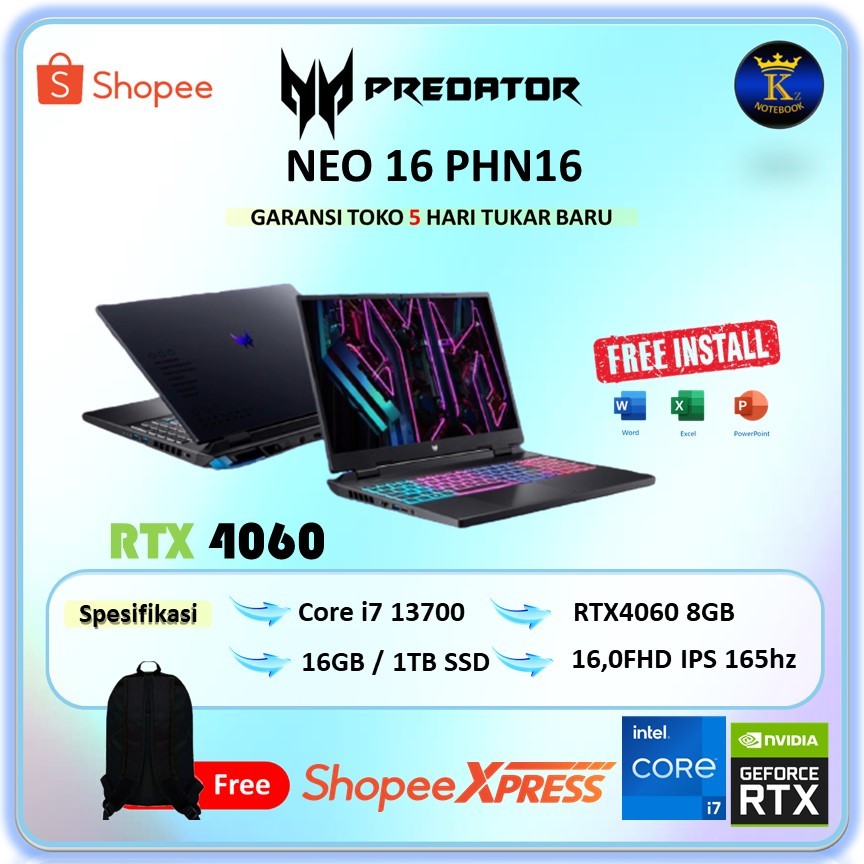 Laptop Gaming Acer Predator Helios NEO 16 I7 13700 16GB  RTX4060 8GB 1TB W11 16.0QuadHD IPS 165HZ