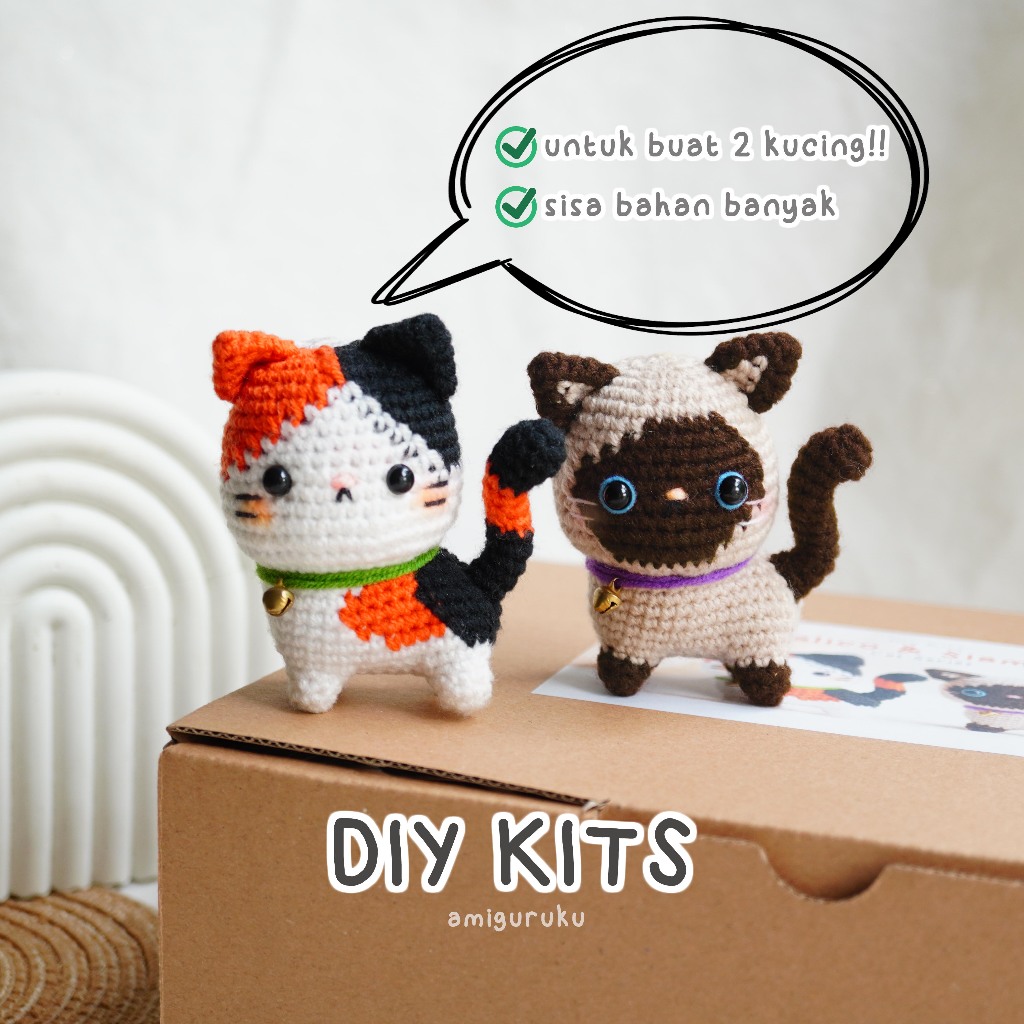 Rajut DIY Kits Paket Rajut DIY Amigurumi Boneka Kucing Calico dan Siamese