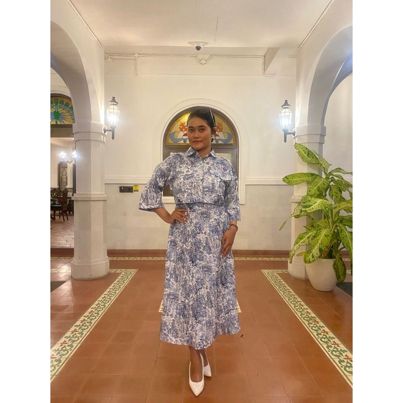 one set kemeja wanita tangan panjang crop top rok panjang