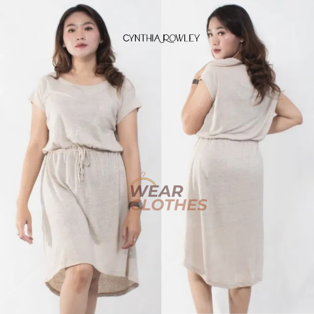 Dress Lengan Pendek Wanita [Cynthia Rowley Linen Midi] Dres Casual Santai Cewek Motif Polos