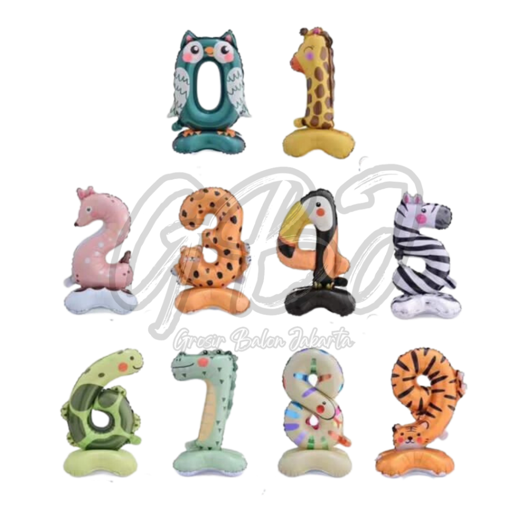 Balon Foil Angka BESAR Standing ANIMAL - 60cm (Motif Animal / Binatang / Hewan / Jungle)