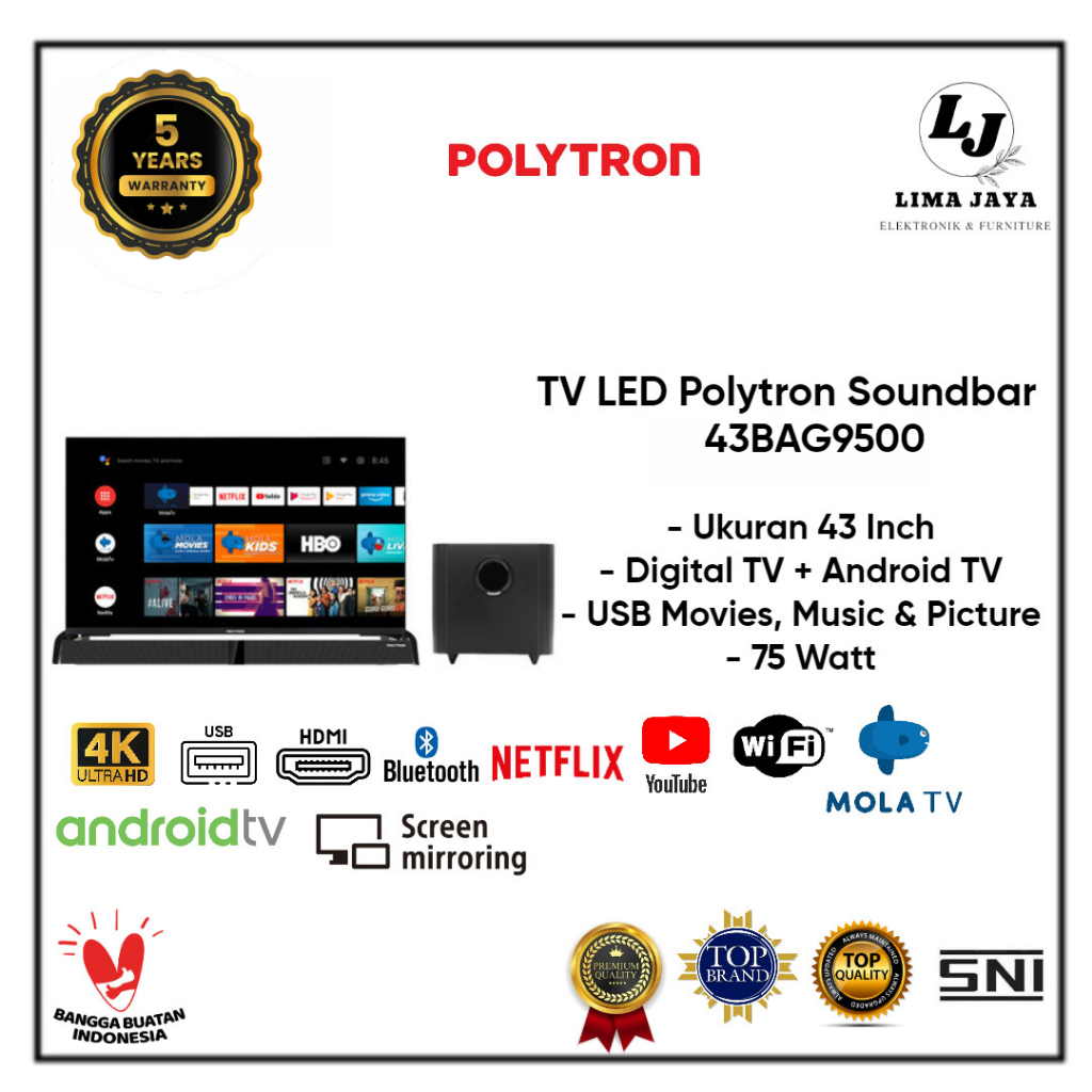 POLYTRON LED TV Soundbar 43BAG950043/BAG9953 Digital+Android TV LED 43 Inch