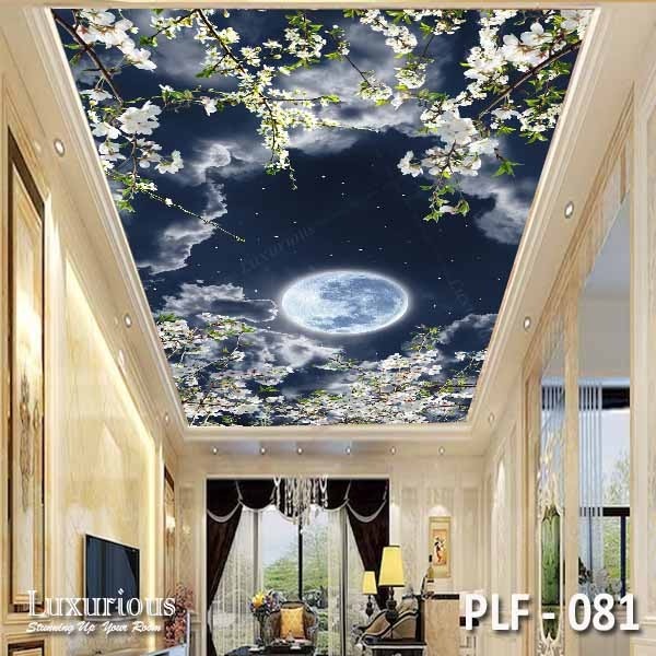 Wallpaper 3D Custom Plafon Wallmural Flower Ruang Tamu Sticker Langit Awan Malam Ceiling Bunga