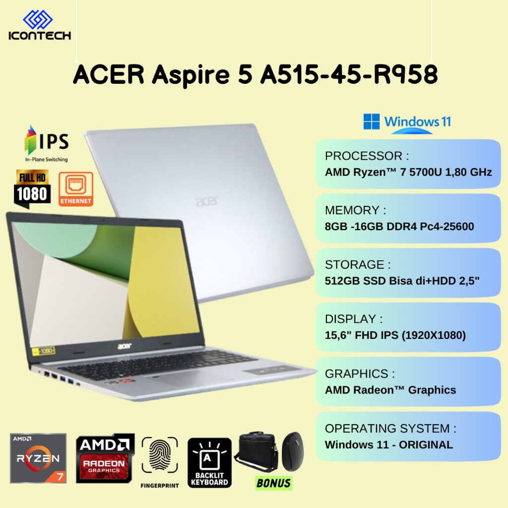 ACER Aspire 5 A515-45-R958 | AMD Ryzen 7-5700U | 256GB SSD | Wind 11
