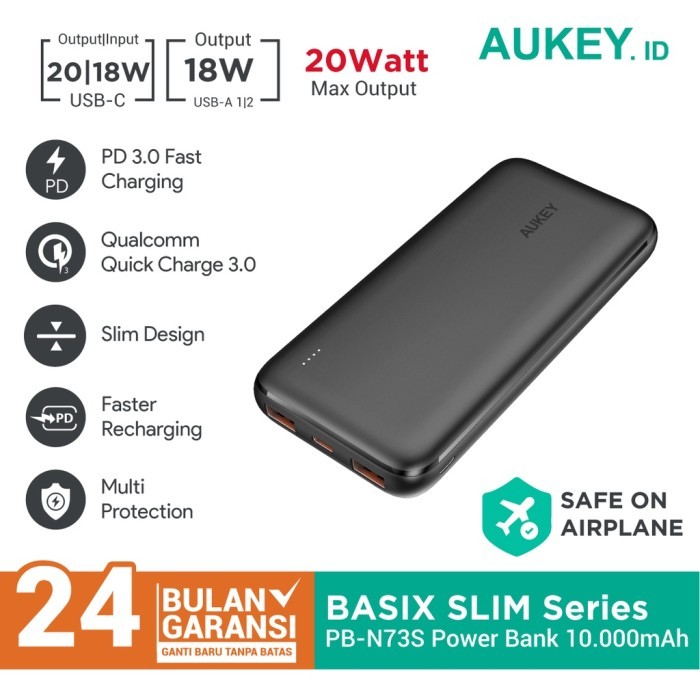 AUKEY Powerbank 10000mAh PD 20W Black / Power Bank Basix Slim Ultra-Thin With USB-C PB-N73S HItam