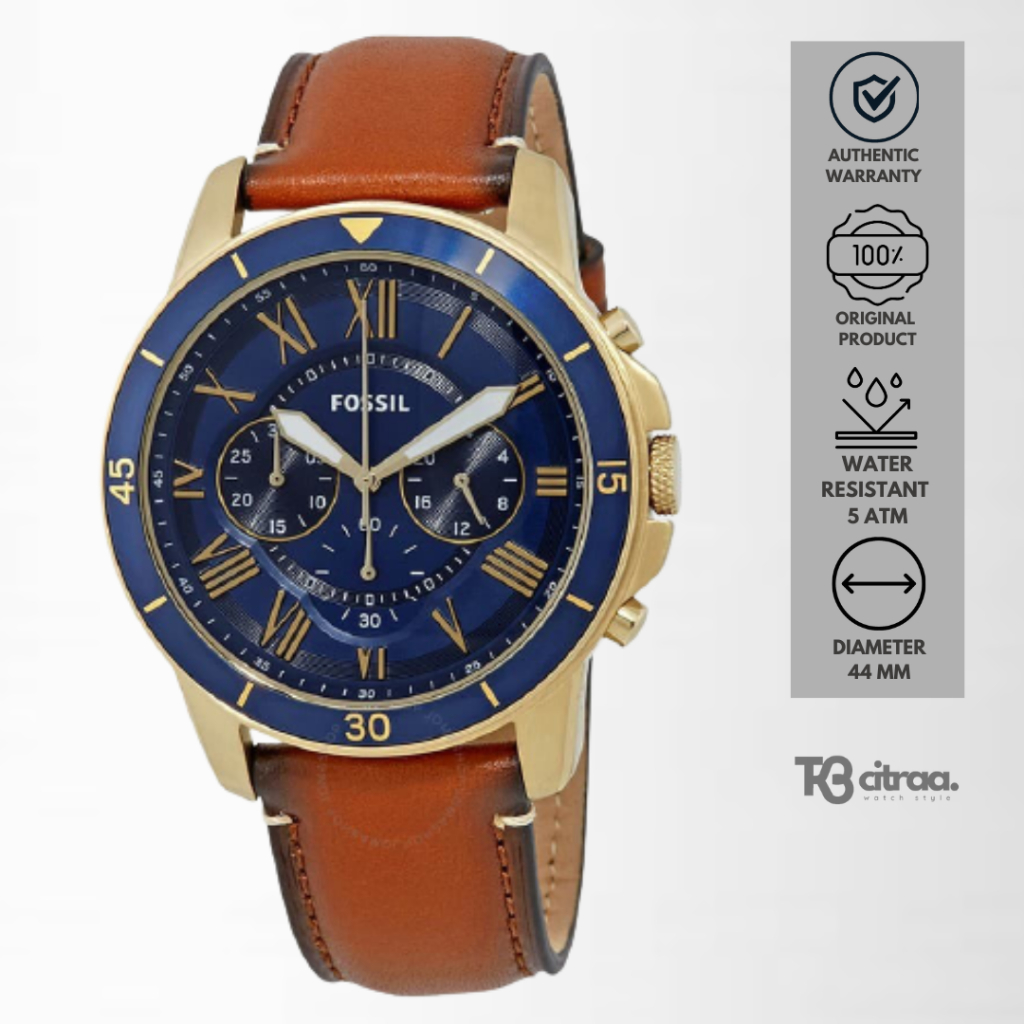 jam tangan fashion pria Fossil Grant analog kulit Chronograph Blue Dial Genuine Leather Strap water resistant casual elegant original FS5268