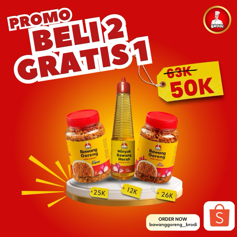 

PAKET HEMAT 50K BAWANG GORENG PREMIUM (PEDAS+ORIGINAL) 80 gram Dan Minyak Bawang Goreng