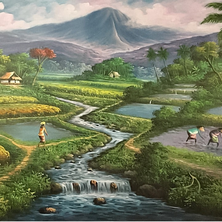 Lukisan Pemandangan Alam Terasering Persawahan Suasana Sejuk ukuran 2 x 1 meter