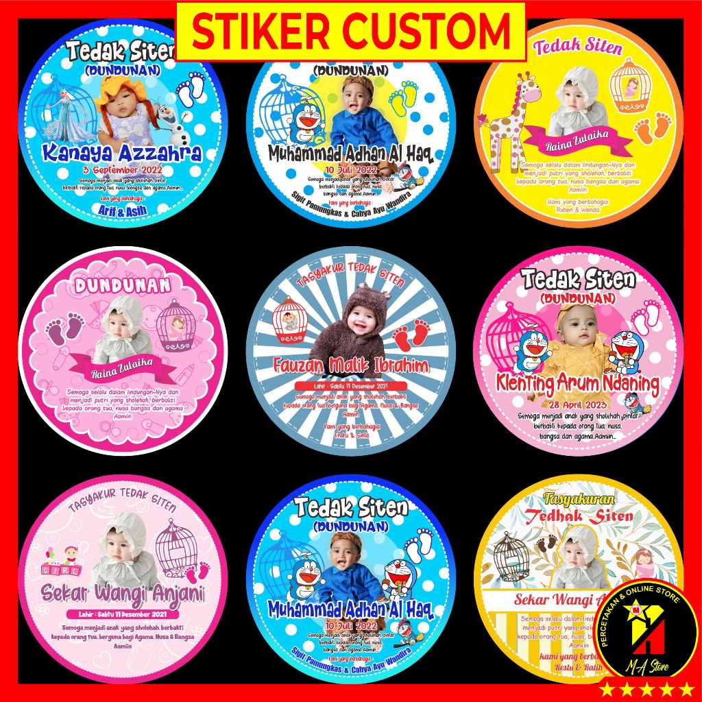 

Stiker Tedak Siten Dundunan Aqiqah Selametan Custom Bahan Kertas Stiker Cromo Tinta Awet Tidak Luntur