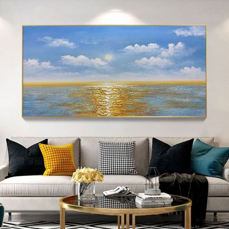 lukisan kanvas abstrak laut emas
