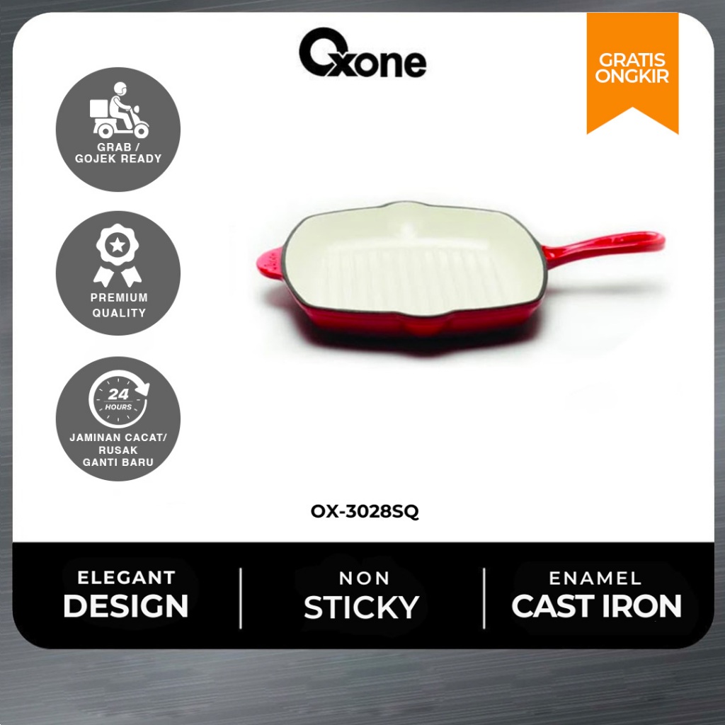 Oxone Square Grill Pan OX3028SQ /Anti Lengket/Exclusive/Merah/Original/Penggorengan/Enamel Cast Iron