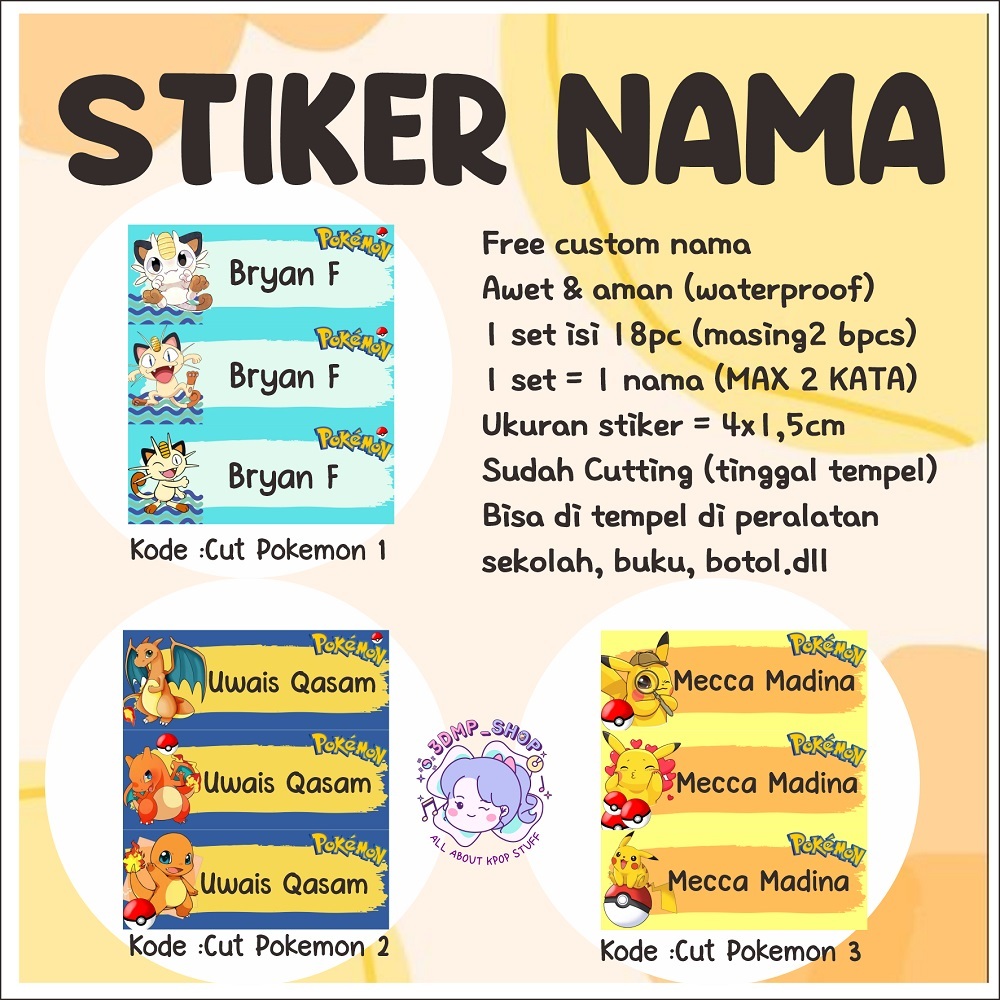 

Stiker label nama custom request buku botol cutting anak perempuan laki laki pikachu pokemon doraemon marsha unikitty anya spy family