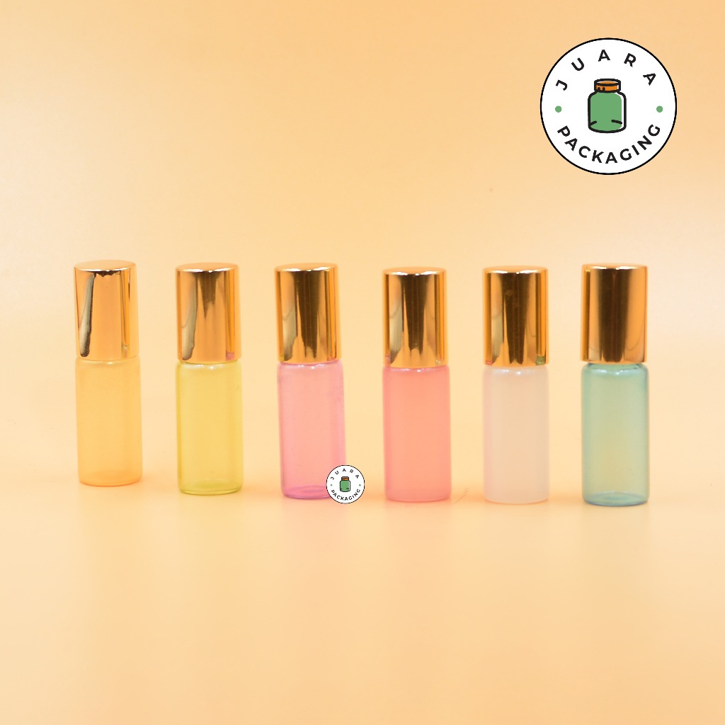 Botol Kaca Roll On 5ml Warna Warni dengan Tutup Gold – Botol Roll On Parfum Mini Isi Ulang dengan Ke
