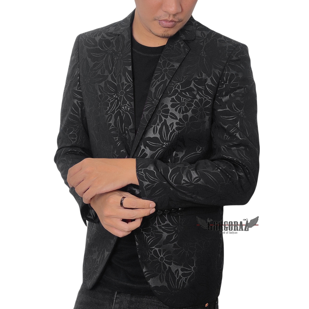 GARANSI JAS BATIK BLAZER BATIK PRIA HITAM SLIMFIT MODERN EMBOS MOTIF BUNGA GORGORAZ