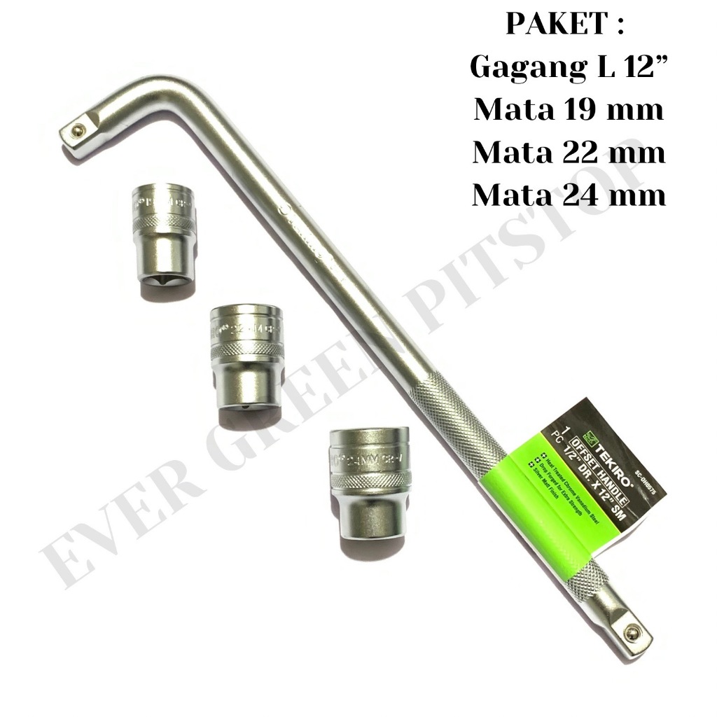 PAKET 4 pcs Gagang Stang Dan Mata Kunci Sok 4 Pcs TEKIRO Kunci Shock No. 19 22 24 mm Gagang Sok L da