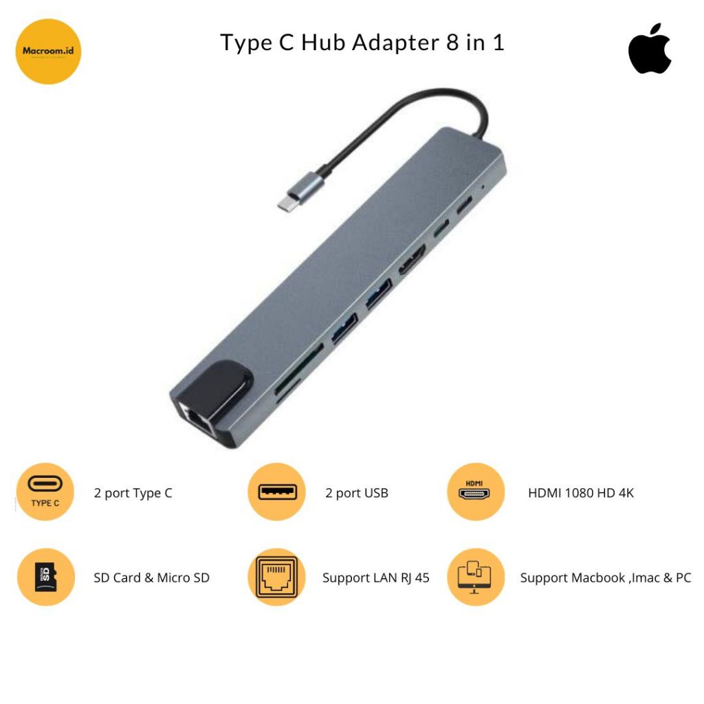 Dockcase USB Adapter Type C Hub Converter USB 8 in 1 for Macbook Ipad Windows