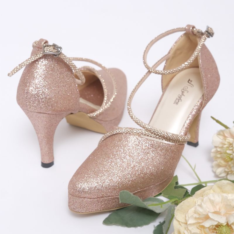 sepatu fahira heels 9 cm rose gold hak lancip