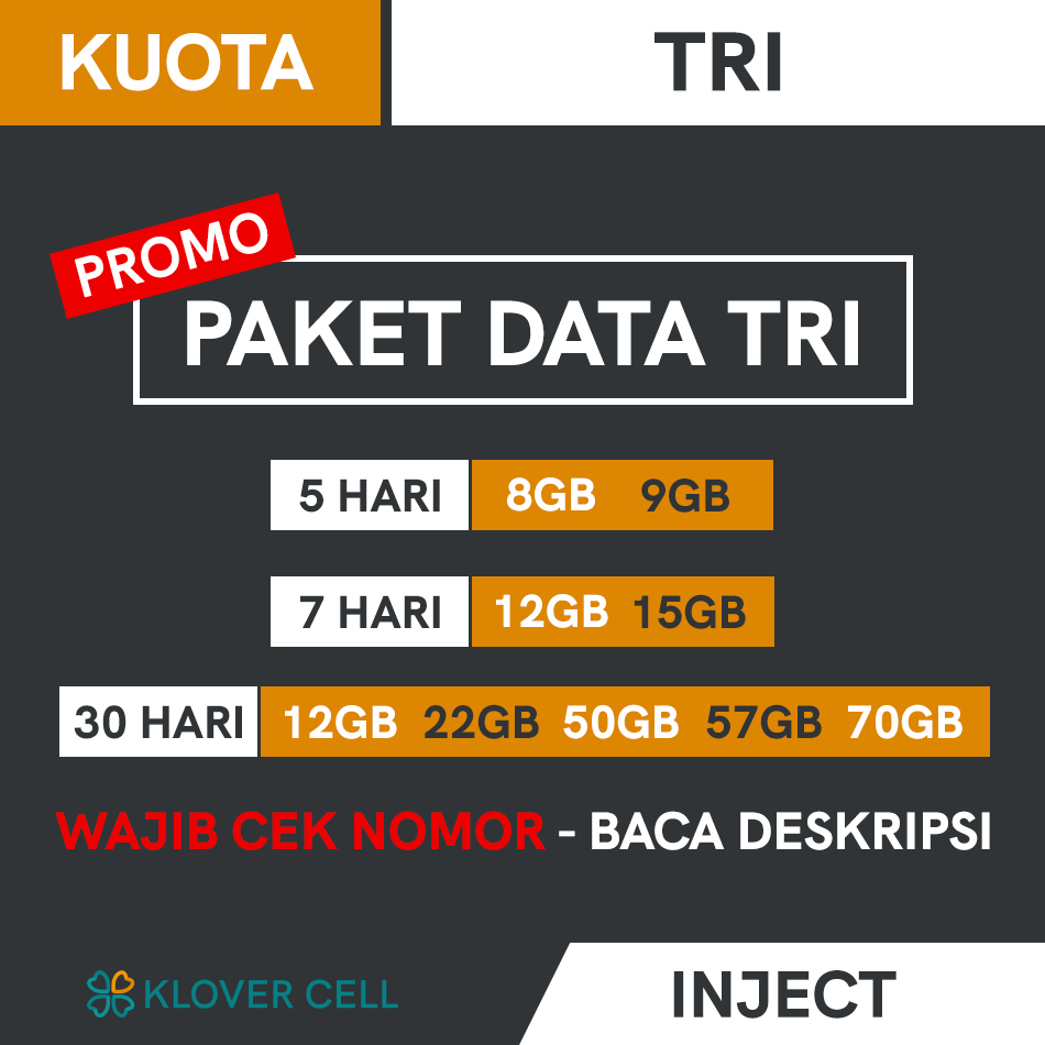 [CEK NOMOR] Inject Kuota TRI Promo 8GB 9GB 12GB 15GB 22GB 50GB 57GB 70GB Bulanan Harian 5 / 7 / 30 Hari Paket Data Internet Three