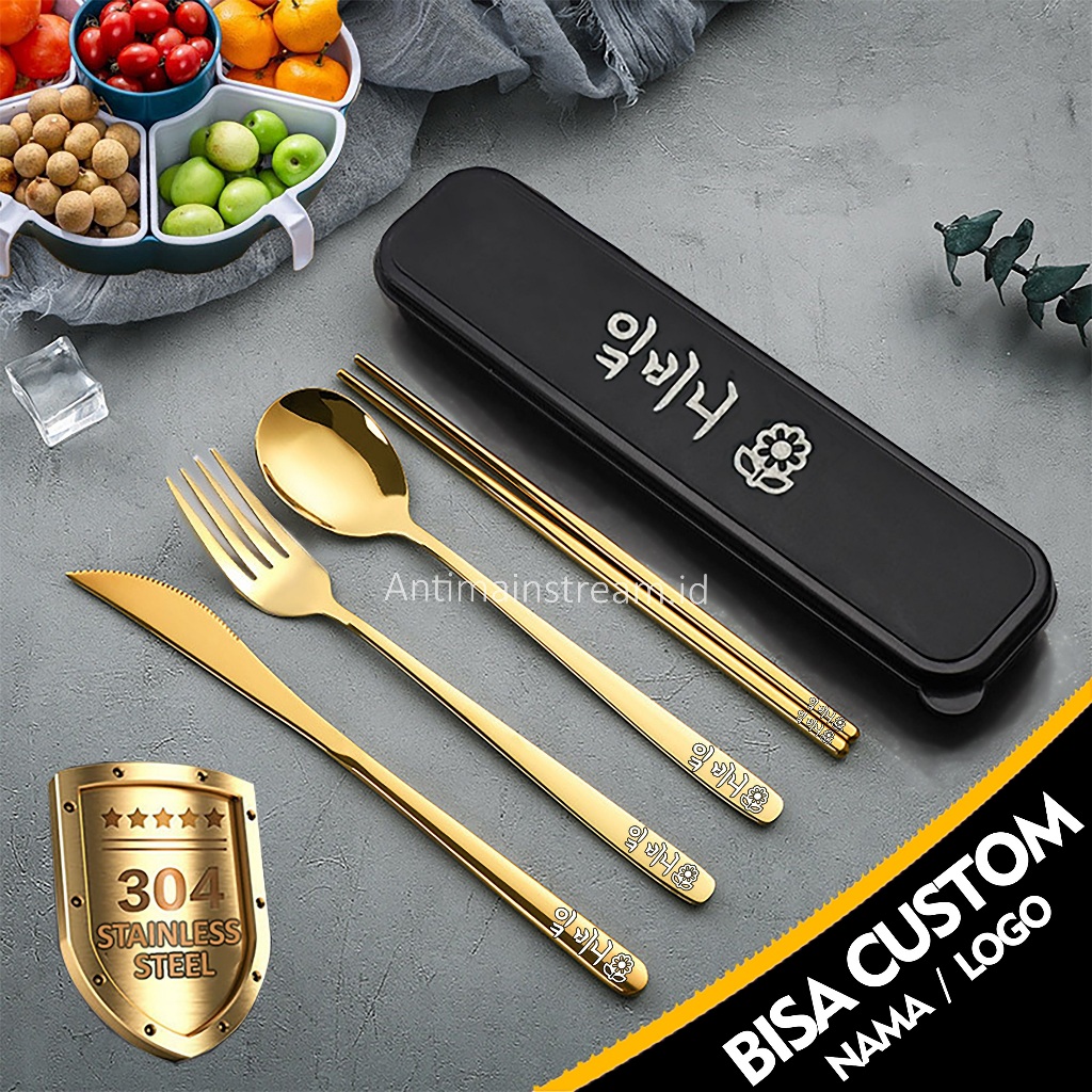 [BISA CUSTOM] Set Alat Makan Korea Sendok Garpu Sumpit Pisau SUS 304/ Sendok Set Korea Custom Nama S