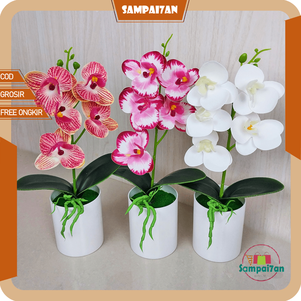 Bunga Hias Anggrek Plastik Pot Artificial Flowers Palsu Pajangan Meja Dekorasi Rumah PBP73