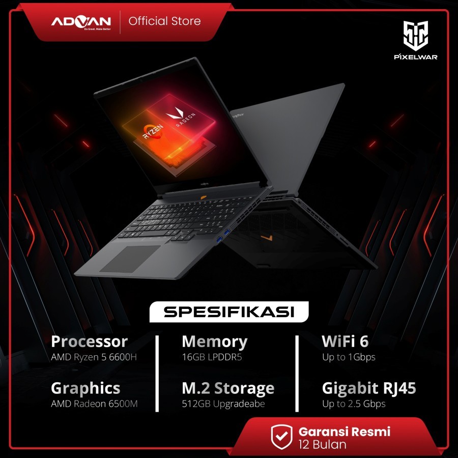 Advan Pixelwar Laptop Gaming Ryzen 5 6600H ram 16GB 512GB 16" IPS W11