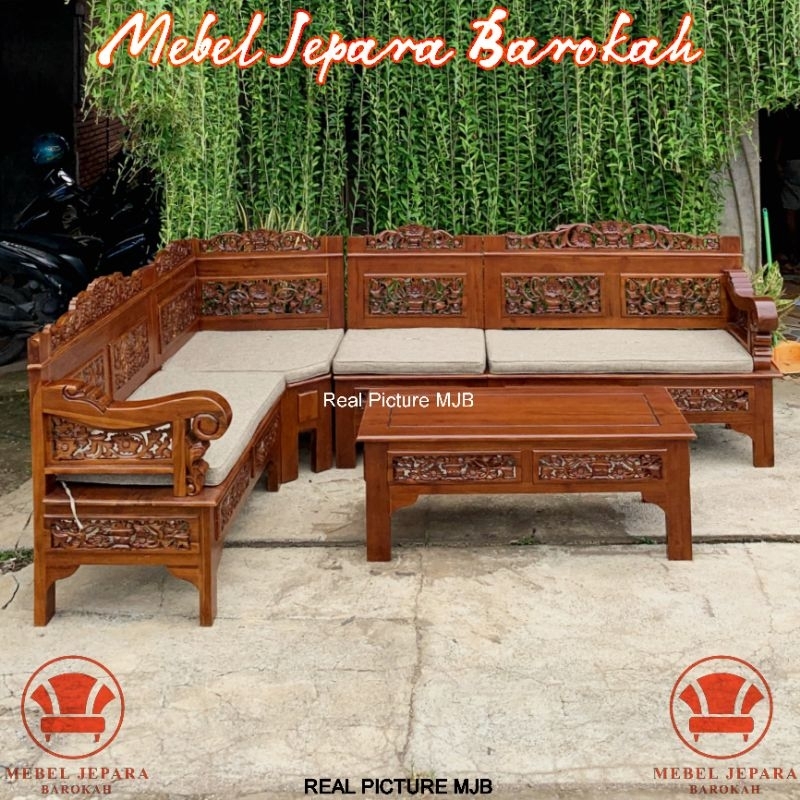 Set Meja dan Kursi Tamu Kayu Jati Ukir Tradisional Minimalis Set Meja Kursi Santai Keluarga Bale - B