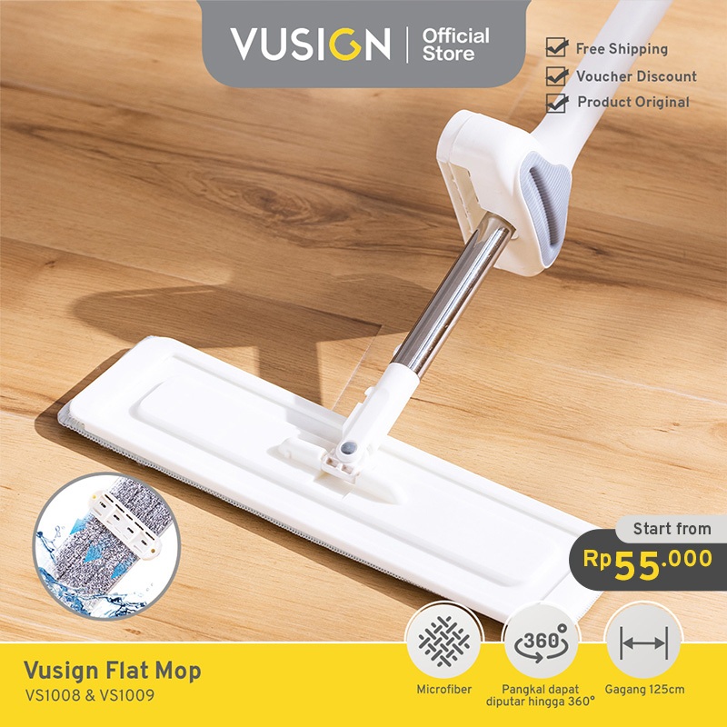 Vusign Flat Mop / Pel Lantai Microfiber Dapat Diputar 360 Derajat Gagang 125 cm VS100X