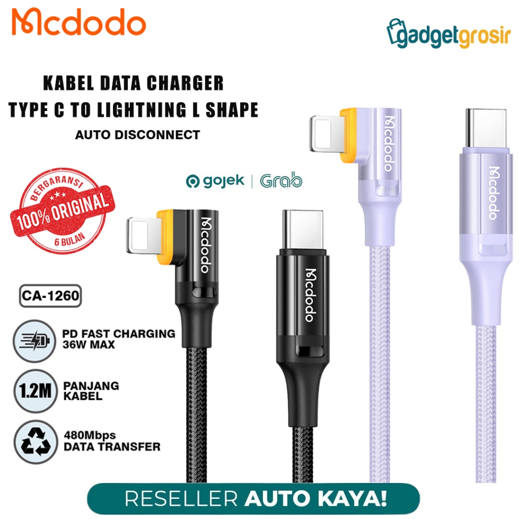 Kabel Data Charger Mcdodo Type C to Lightning iPhone Fast Charging 36W Auto Power Off 1,2 Meter 120CM L Shape Nylon Braided Gaming Charger IOS Original Garansi CA1261 CA1260