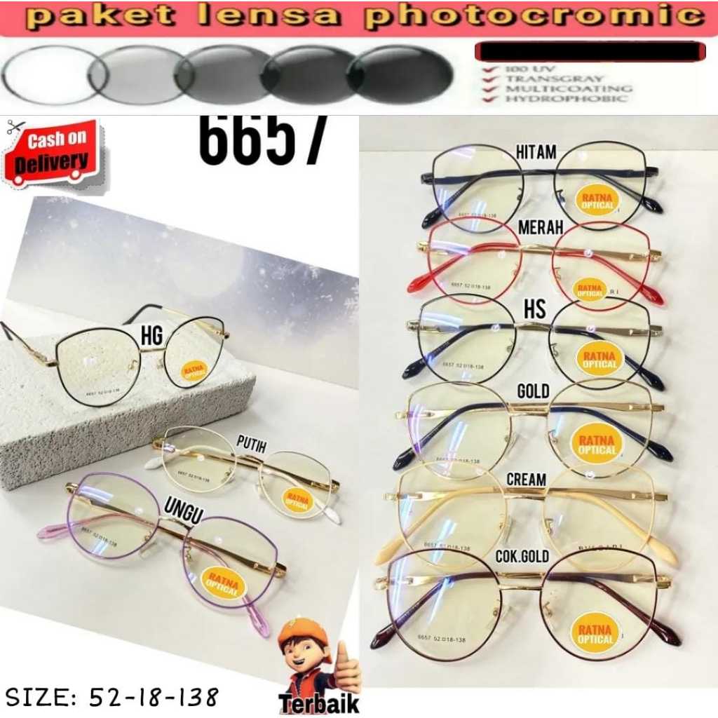 Kacamata Wanita Cat Eye Besi RO6657,Free Lensa Photocromic Antiradiasi Minus Cyl.
