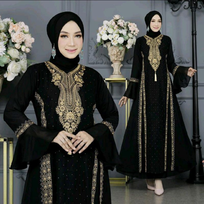 Gamis abaya Turkey Busui/ Abaya Arab Hitam Jenna Jersey Mix Ceruti Bordir payet