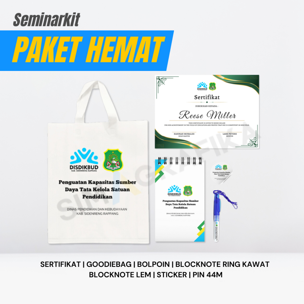 

Paket Seminar Kit Termurah | Seminar Sertifikat Blocknote Sticker Bolpoin Boss | GRATIS DESAIN