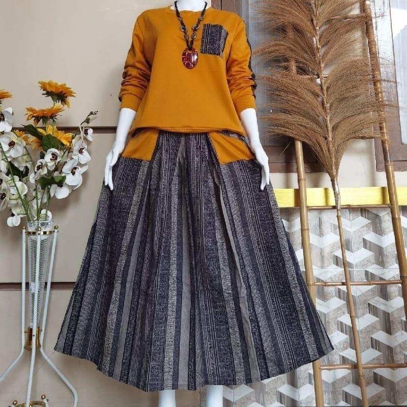 BAJU DEWASA SETELAN ROK LINEN MOTIF BAWAHAN KAYU