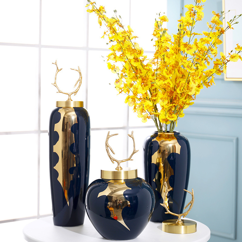Vas Bunga Keramik Tanpa Tutup Navy Gold & Jade Green Gold / Guci Keramik / Pajangan Meja