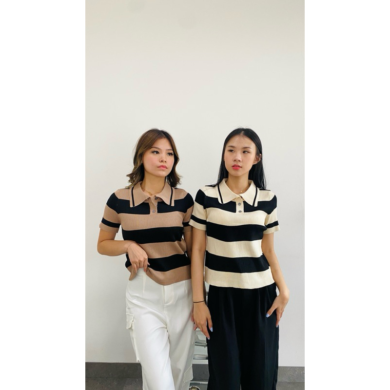 Knitizen-Atasan Rib Knit Polo Stripes