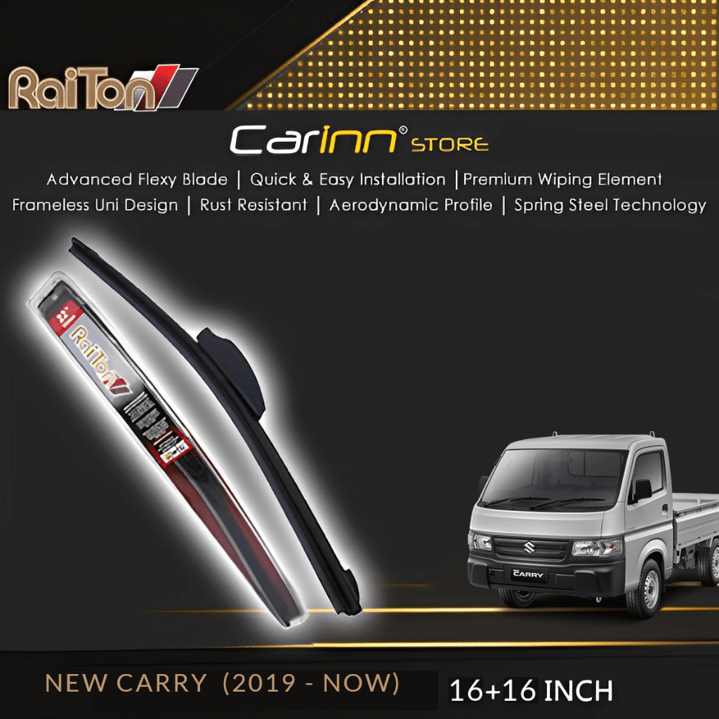 Raiton Sepasang Wiper Frameless Full Karet Kaca Depan Suzuki New Carry 2019- Now 16" & 16" -2 Pcs