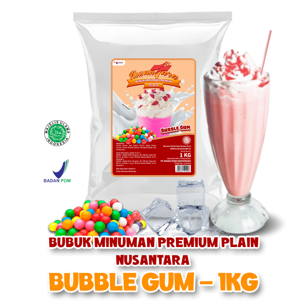 

NUSANTARA Bubuk Minuman Plain Rasa Bubble Gum / Permen Karet Tanpa Gula 1 Kg & 500 Gram Indonesia Powder