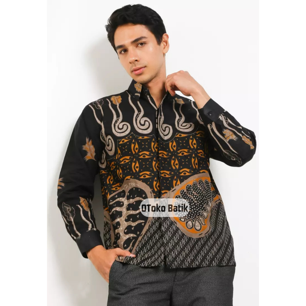 OToko Batik Melodi Hitam Pria Kemeja Batik Pria Lengan Panjang size M L XL XXL