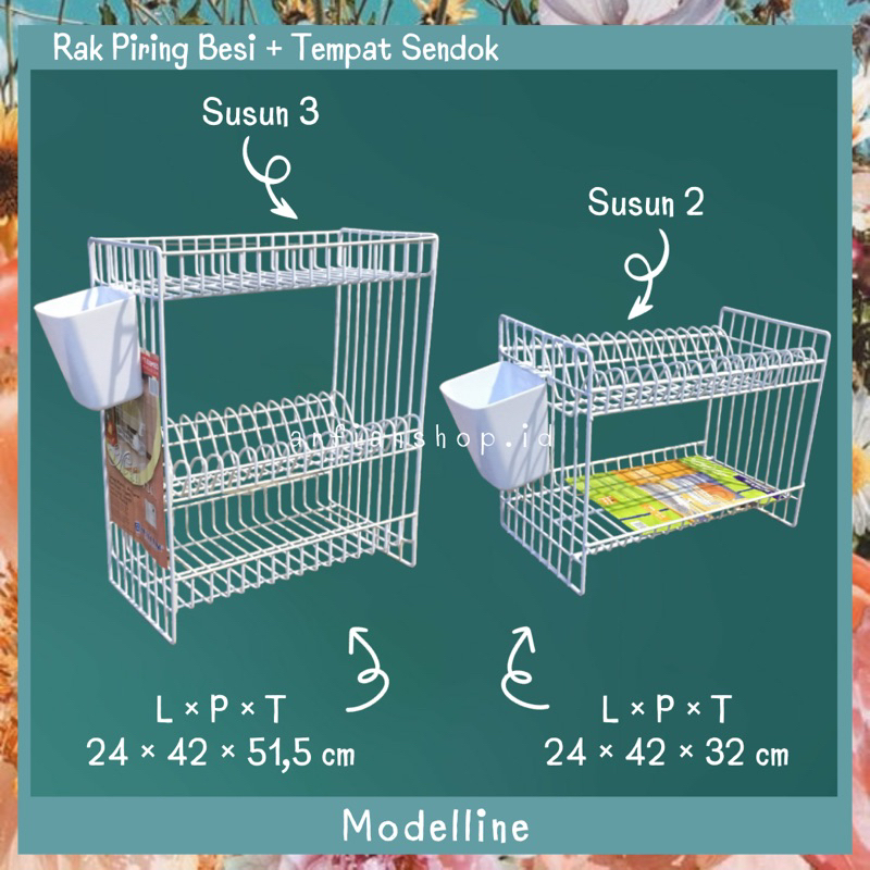 Modelline - Rak Piring Besi + Tempat Sendok Susun2, Susun3 / Rak Piring Gantung / Rak Piring Anti Ka