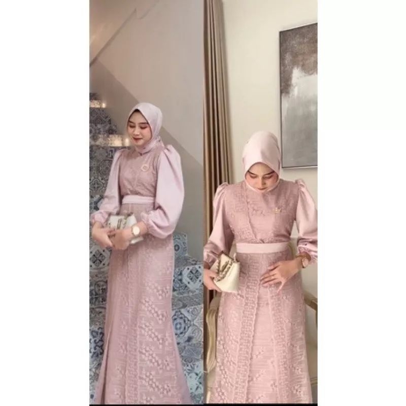 KALIA - BAJU DRESS GAMIS SATIN BROKAT BRUKAT WANITA MUSLIM UMROH PREMIUM UKURAN S M L XL XXL XXXL 3X