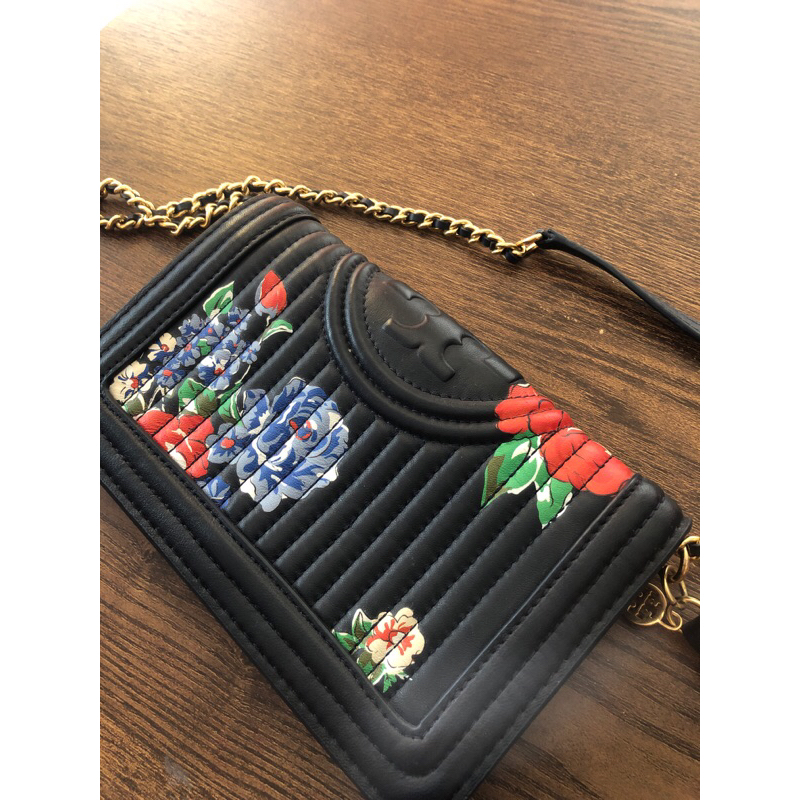 PRELOVED Tory Burch Fleming Soft Printed Wallet Crossbody - Navy Tea Rose