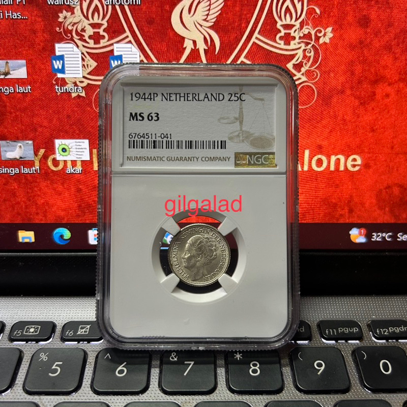 KOIN PERAK 25 SEN WILHELMINA 1944P GRADING NGC MS 63