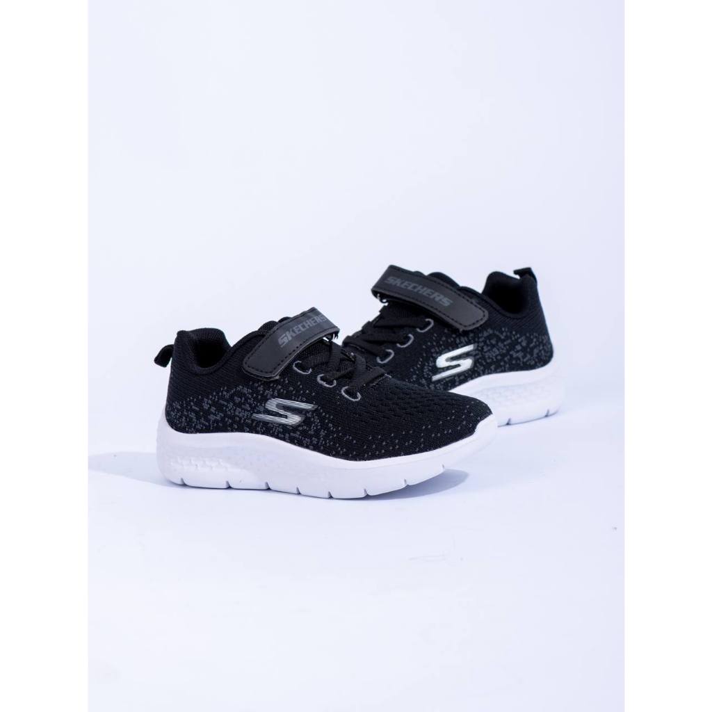 SNEAKERS ANAK MURAH SKECHERS KIDS VELCRO TALI BLACK WHITE MOTIF SILVER