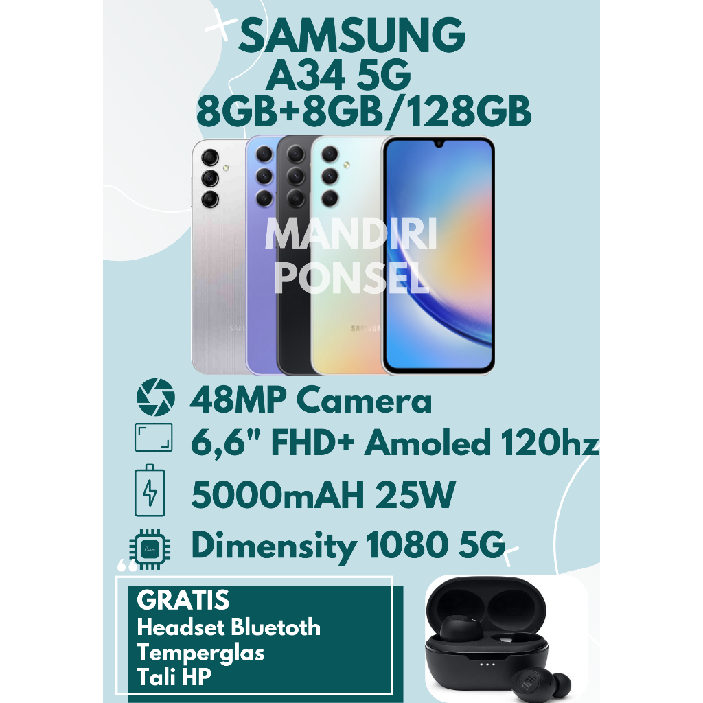 Samsung A34 5G RAM 16GB (8+8 EXTEND /128GB) GRATIS HEADSET, TEMPERGLAS dan TALI HP