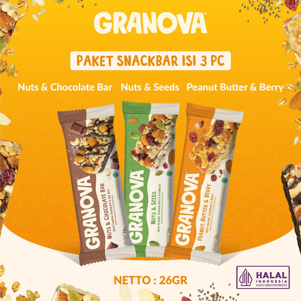 

Granova - Snackbar 26gr x 3 pcs (Rasa Original, Peanut Butter & Berry / Selai Kacang & Buah Beri, Nuts & Chocolate / Kacang & Coklat) - Cemilan Sehat, Gandum, Halal