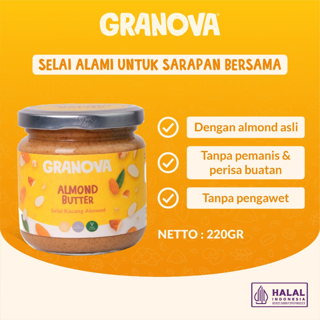 

Granova - Selai Kacang Almond 220gr / Almond Butter (Unsweetened / Tanpa Gula, Vegan, Tanpa Minyak Tambahan)