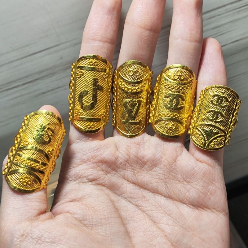 Cincin lebar logo Chanel, Rolex, lv, CH, C,  Swarovski emas asli, 1/2 sk (3.35gr) suku karat Kadar mas 92% utk pria &amp; wanita perempuan dewasa