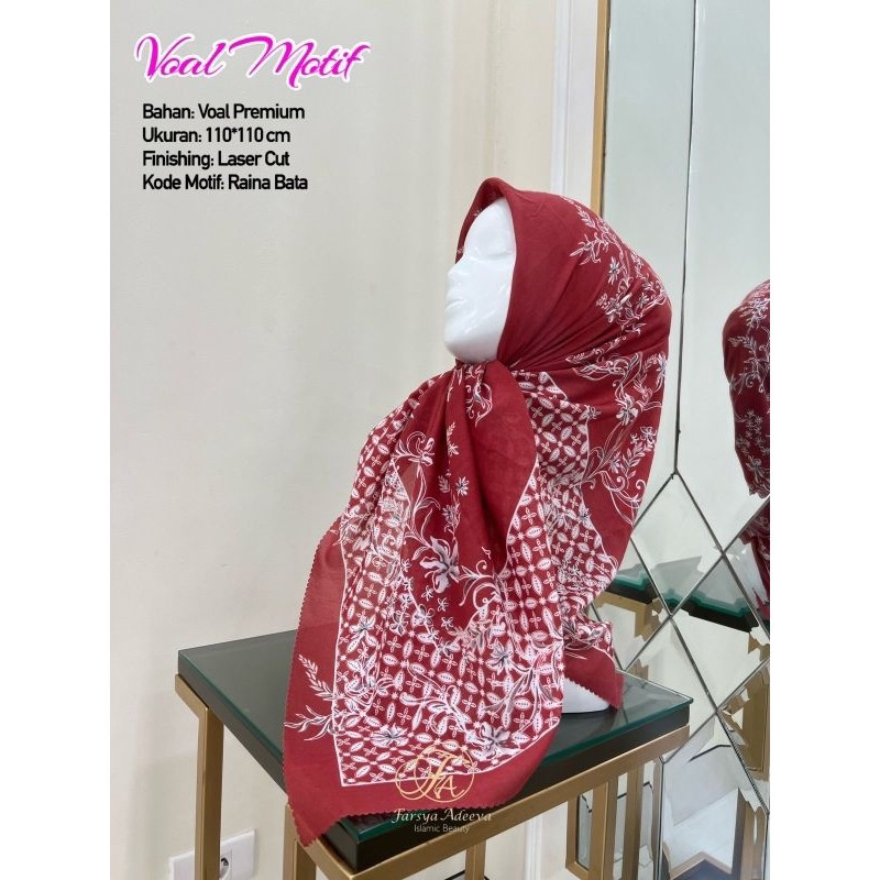 Hijab Segi Empat Voal Motif Raina Warna Merah Bata Kerudung Jilbab Murah Terbaru