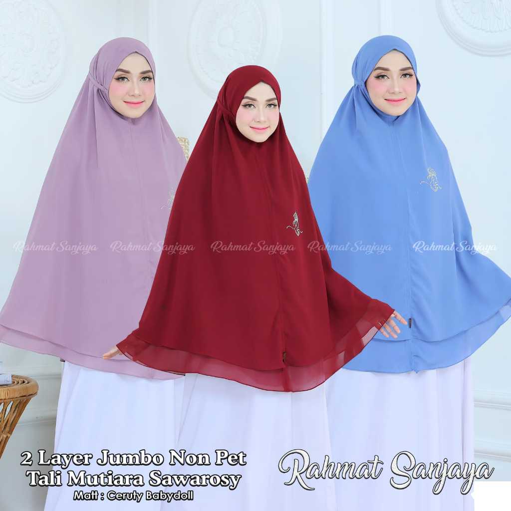 KHIMAR SYARI 2 LAYAR JUMBO NON PET TALI MUTIARA SAWAROSY  BAHAN CERUTY BEBY DOLL PREMIUM IMPORT