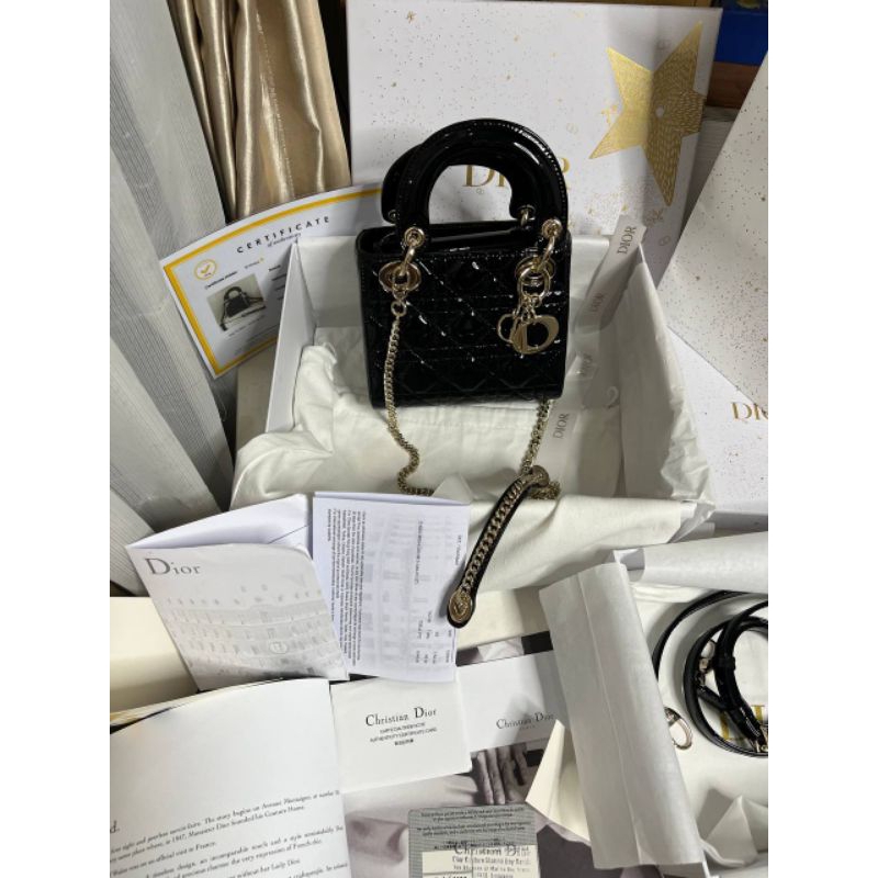 nego preloved rec 2022 christian dior Mini lady dior black patent cannage calfskin bag authentic